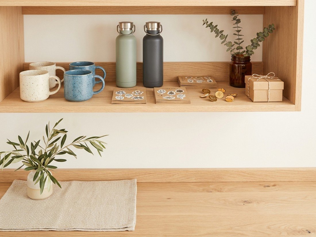 A styled shelf of everyday goods
